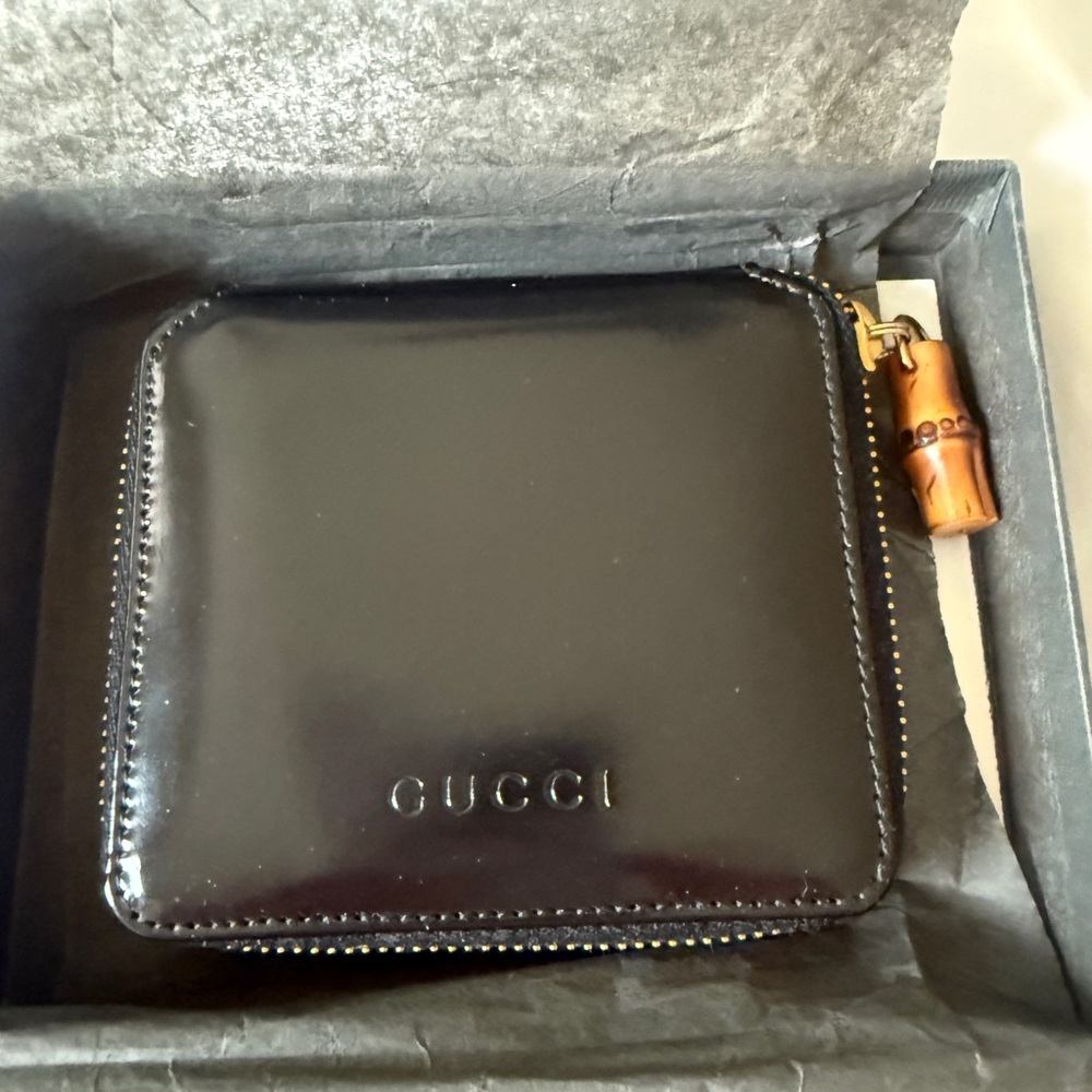 Rare Vintage Gucci Bamboo Zip Key Case Card Holder Black Patent Leather w/ Box - Picture 2 of 7